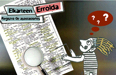 ilustracin de un personaje duditativo que lee el ttulo 'Elkarteen', 'Errolda' y 'Registro de asociaciones'