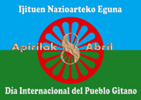 Bandera gitana con el text ' 8 de Abril - Da Internacional del pueblo gitano'